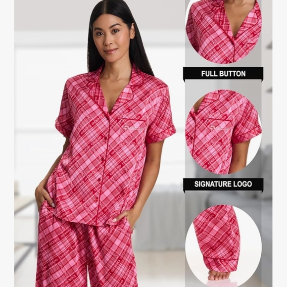 BEBE Satin Silky Bridesmaid Women's Pajama Set Pink Red Plaid Button Down - Picture 2 of 4